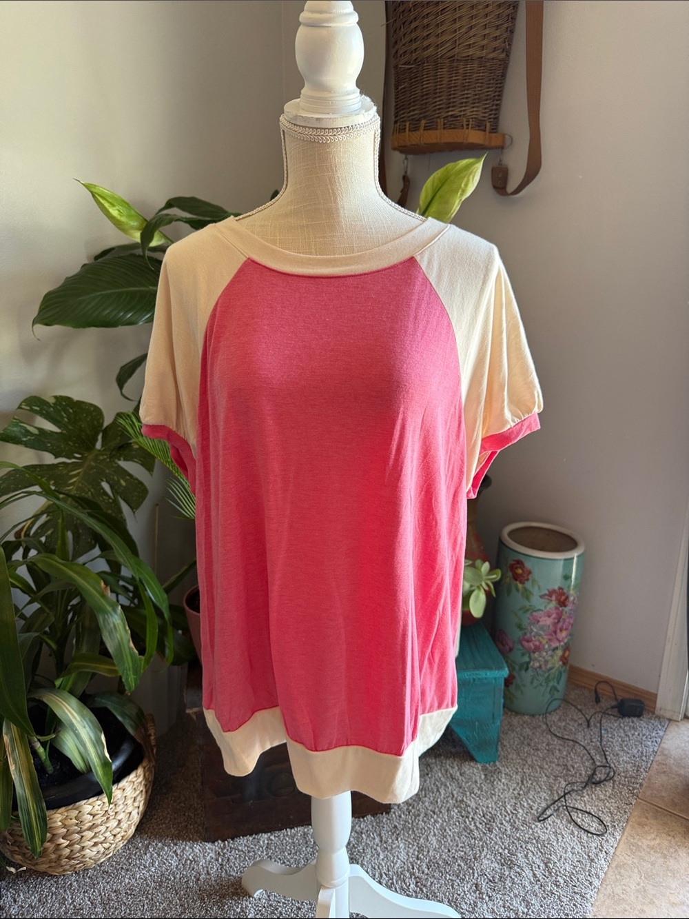 Emerald Pink and Cream Raglan Short Sleeve Top